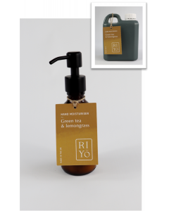 Riyō Organic Green Tea & Lemongrass Hand Lotion 1L Refill Container with Free Full Refillable Amber Glass Bottle