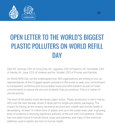 Open Letter To Plastic Polluters Calls For Reuse Systems